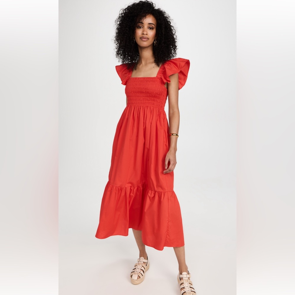 OPT Tuscany Smocked Square-Neck Midi Dress with Flutter Sleeves